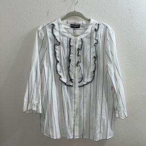 Karl Lagerfeld Paris White and Black Striped Blouse with Ruffled Bodice NWT XL